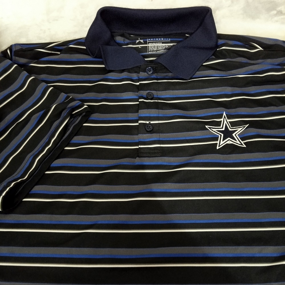 Dallas Cowboys Authentic Mens Large Striped Polo Shirt Navy Blue Star Logo L